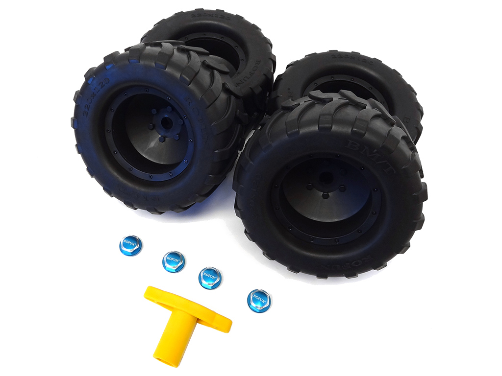 Baja MAX T, MAX TS Monster Truck Tires w/ Wheels (4) (blue hubs) Fits Traxxas X-MAXX